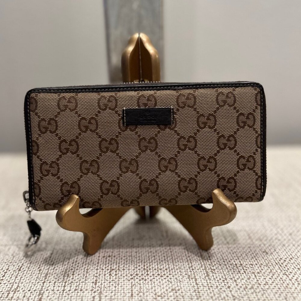 Gucci Monogram Margaux Calfskin Lovely Zip Around Wallet Beige Ebony Cocoa